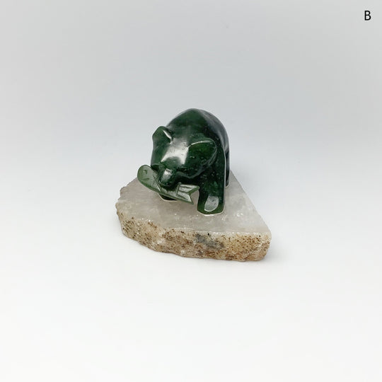 BC Jade Bear with Fish Carving on Natural Agate Base - Rocks and Gems Canada