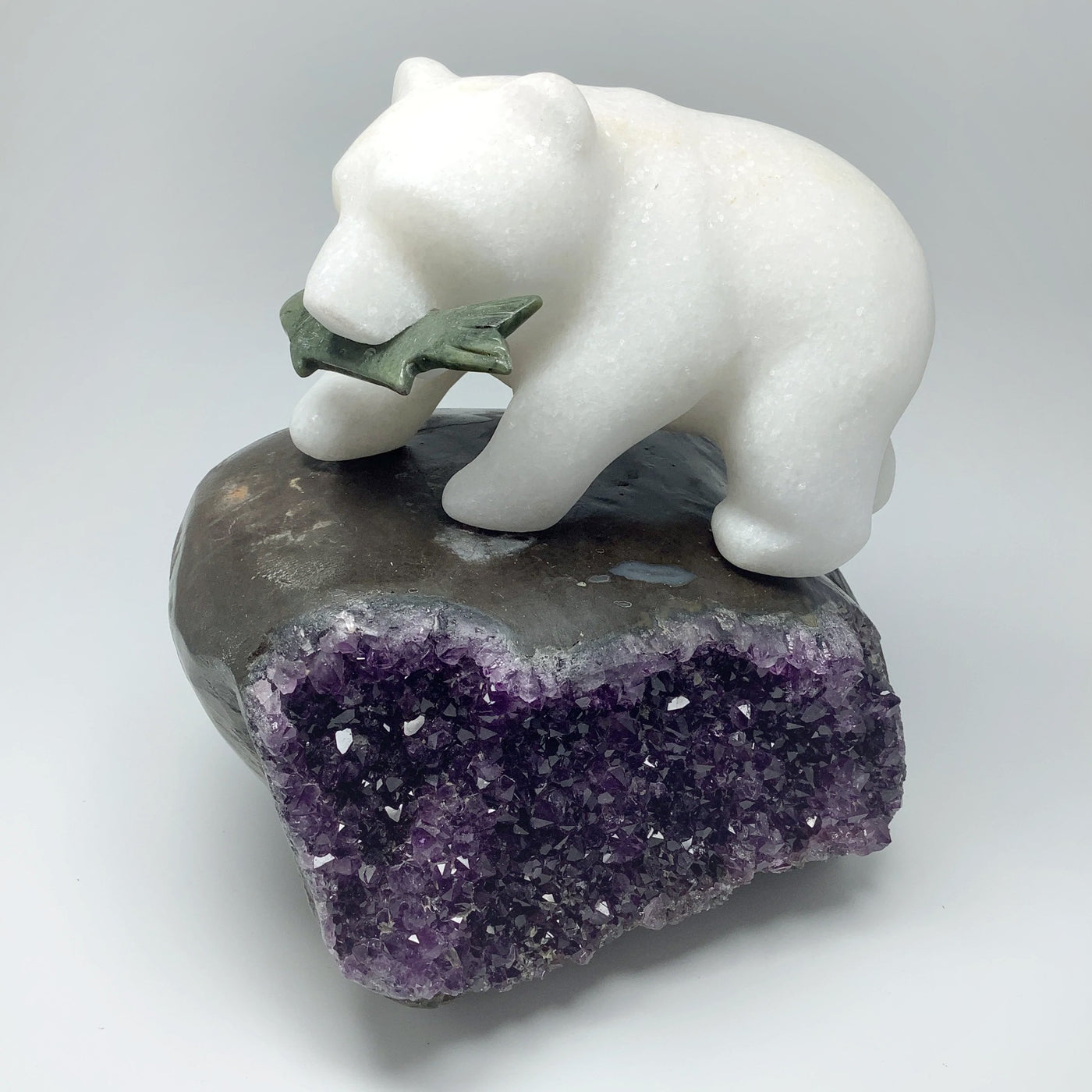 Star Marble Bear Carving with Canadian Jade Fish on Amethyst Base