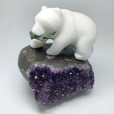 Star Marble Bear Carving with Canadian Jade Fish on Amethyst Base