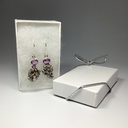 Campo Del Cielo Meteorite and Faceted Amethyst Dangle Earrings - Rocks and Gems Canada