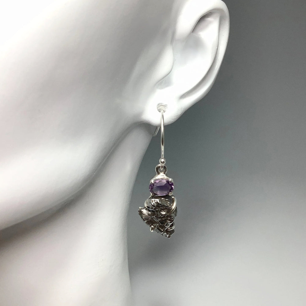 Campo Del Cielo Meteorite and Faceted Amethyst Dangle Earrings - Rocks and Gems Canada