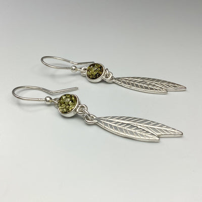 Green Amber Feather Dangle Earrings