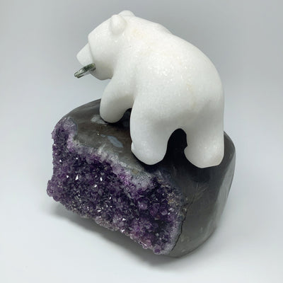 Star Marble Bear Carving with Canadian Jade Fish on Amethyst Base