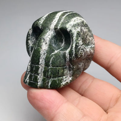 Carved Green Zebra Jasper Skull