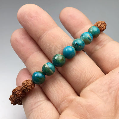 Blue Peruvian Opal Beaded Bracelet Featuring Rudraksha Beads - 8mm - High Quality