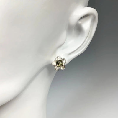 Green Amber Flower Stud Earrings