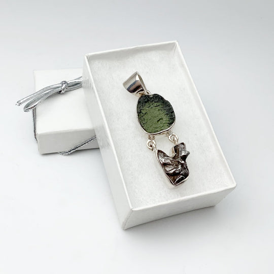 Moldavite with Campo Del Cielo Meteorite Pendant - Rocks and Gems Canada