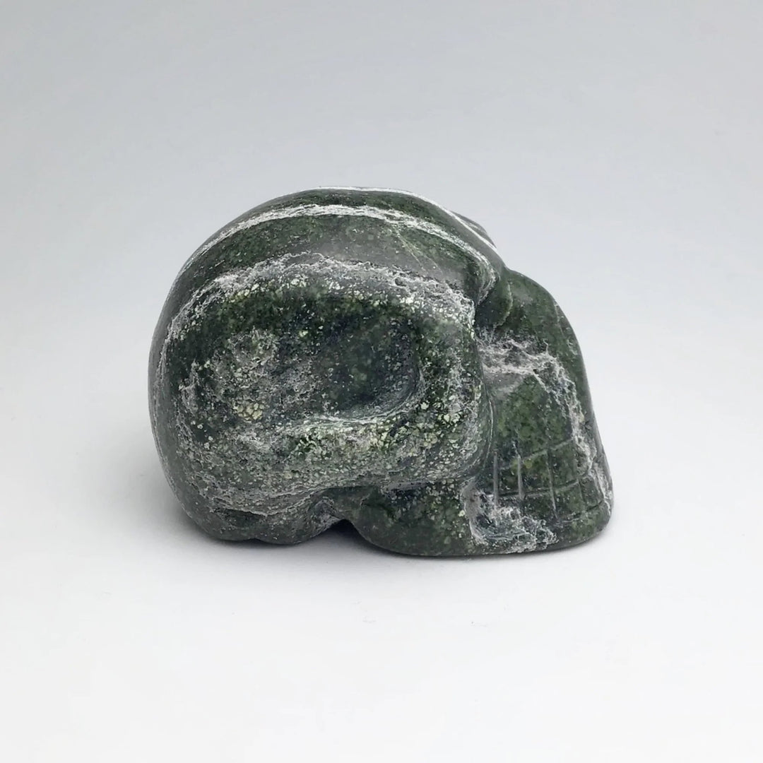 Carved Green Zebra Jasper Skull - Rocks and Gems Canada