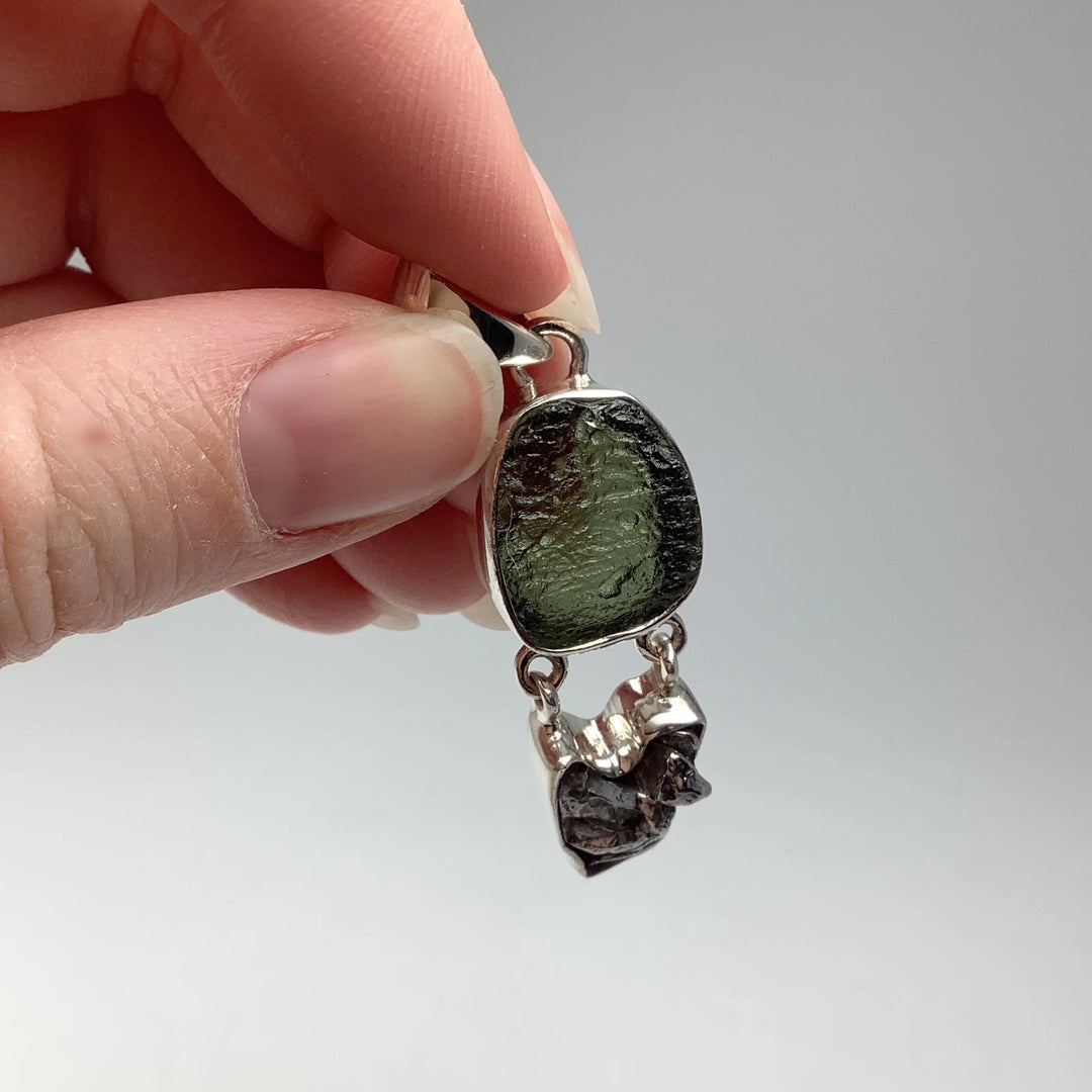 Moldavite with Campo Del Cielo Meteorite Pendant - Rocks and Gems Canada