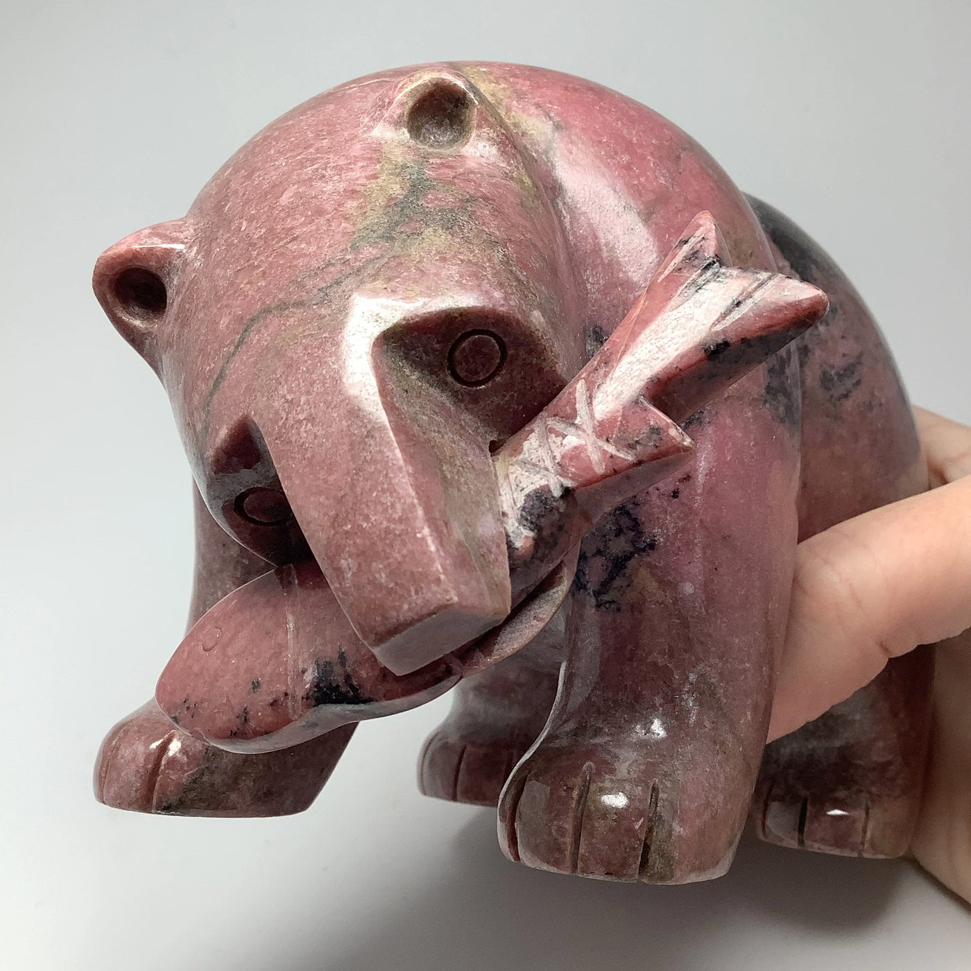 Rhodonite Bear with Fish Carving