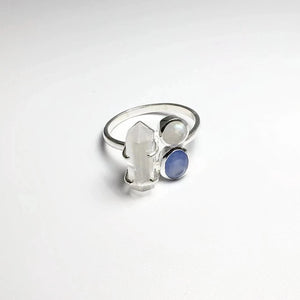 Quartz Point, Moonstone and Blue Chalcedony Ring