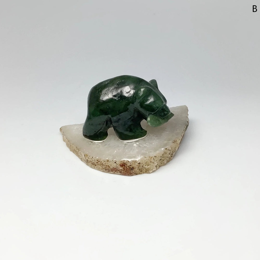BC Jade Bear with Fish Carving on Natural Agate Base - Rocks and Gems Canada