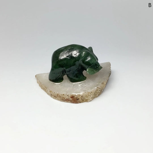 BC Jade Bear with Fish Carving on Natural Agate Base - Rocks and Gems Canada