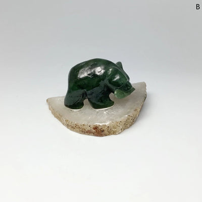 BC Jade Bear with Fish Carving on Natural Agate Base