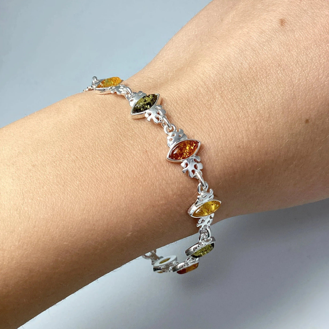 Mixed Amber Sterling Silver Bracelet