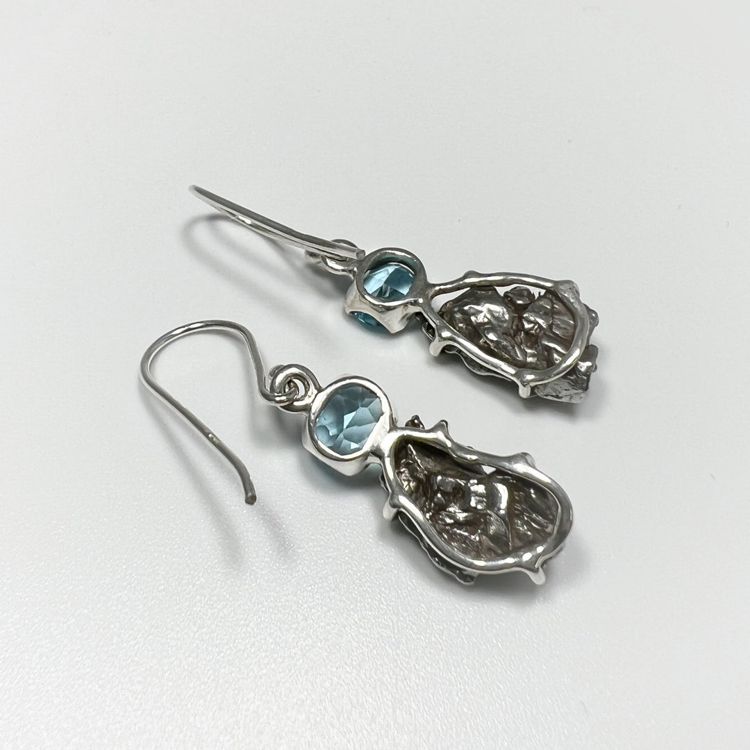 Campo Del Cielo Meteorite and Faceted Blue Topaz Dangle Earrings - Rocks and Gems Canada
