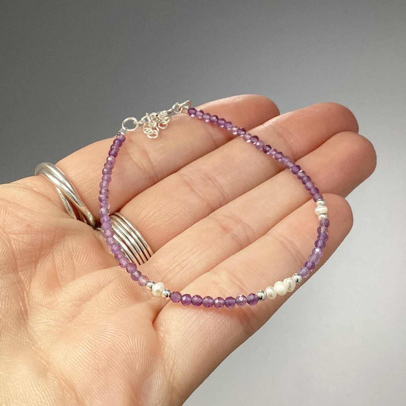 Amethyst and Pearl Sterling Silver Beaded Bracelet