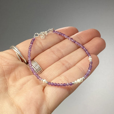 Amethyst and Pearl Sterling Silver Beaded Bracelet