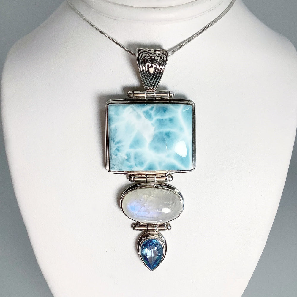 Larimar, Rainbow Moonstone and Blue Topaz Pendant - Rocks and Gems Canada
