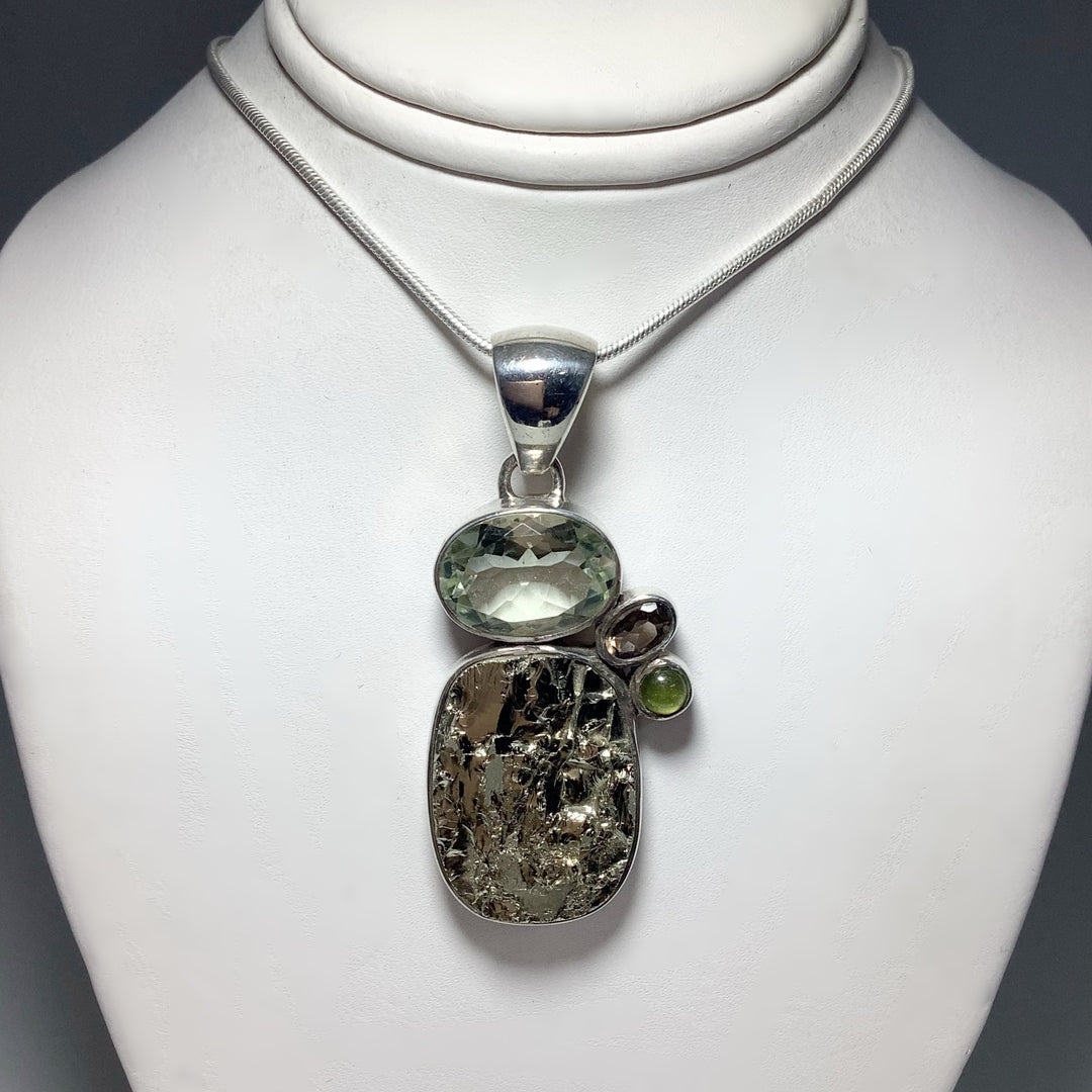 Iron Pyrite, Green Amethyst, Smoky Quartz and Peridot Pendant - Rocks and Gems Canada