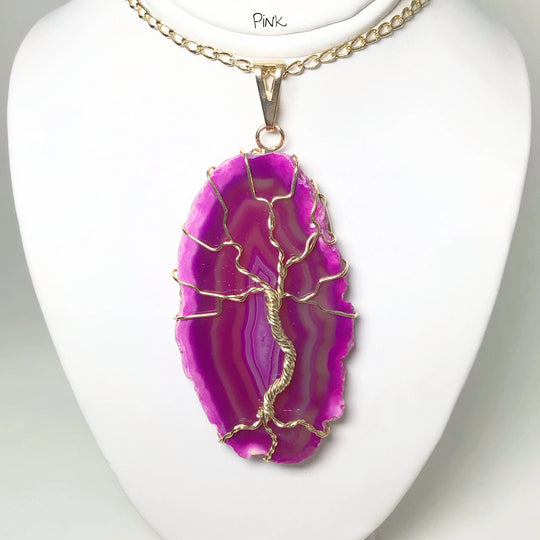Tree of Life on Agate Slice Necklace - Gold Plated - Rocks and Gems Canada