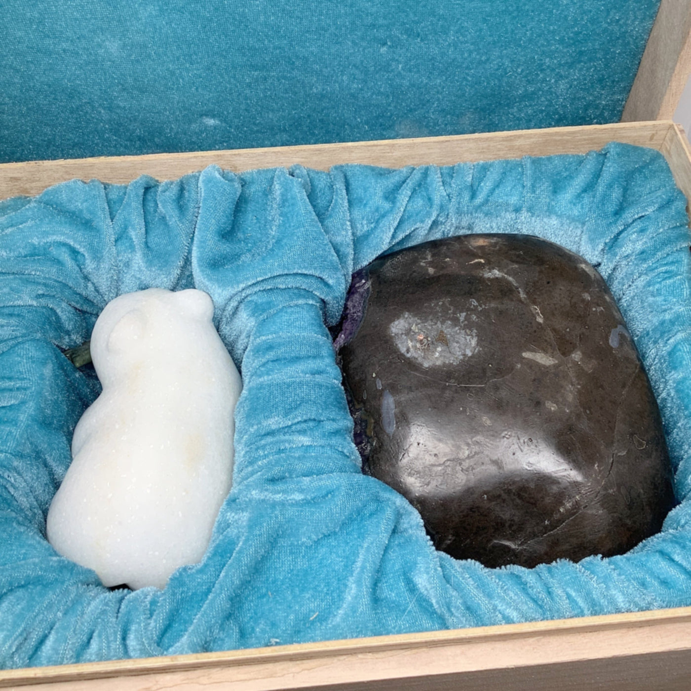 Star Marble Bear Carving with Canadian Jade Fish on Amethyst Base