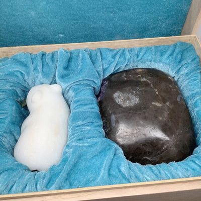 Star Marble Bear Carving with Canadian Jade Fish on Amethyst Base