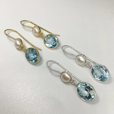 Blue Topaz and Pearl Dangle Earrings