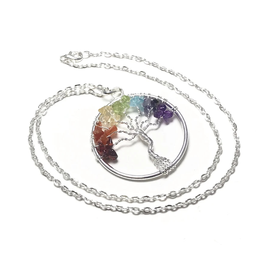 STERLING SILVER 7 Chakras Opalite Moon Tree of Life Necklace,Wire Wrapped  Moon Tree of Life, Chakras Tree of Life, Healing Tree of Life
