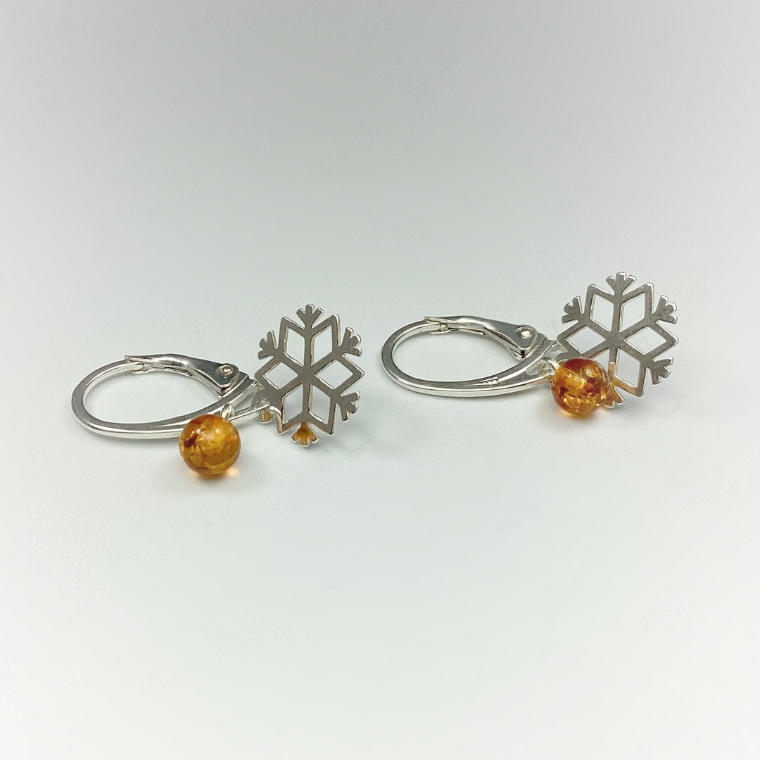 Cognac Amber Snowflake Dangle Earrings - Rocks and Gems Canada