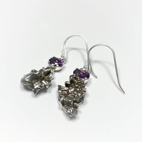 Campo Del Cielo Meteorite and Faceted Amethyst Dangle Earrings - Rocks and Gems Canada