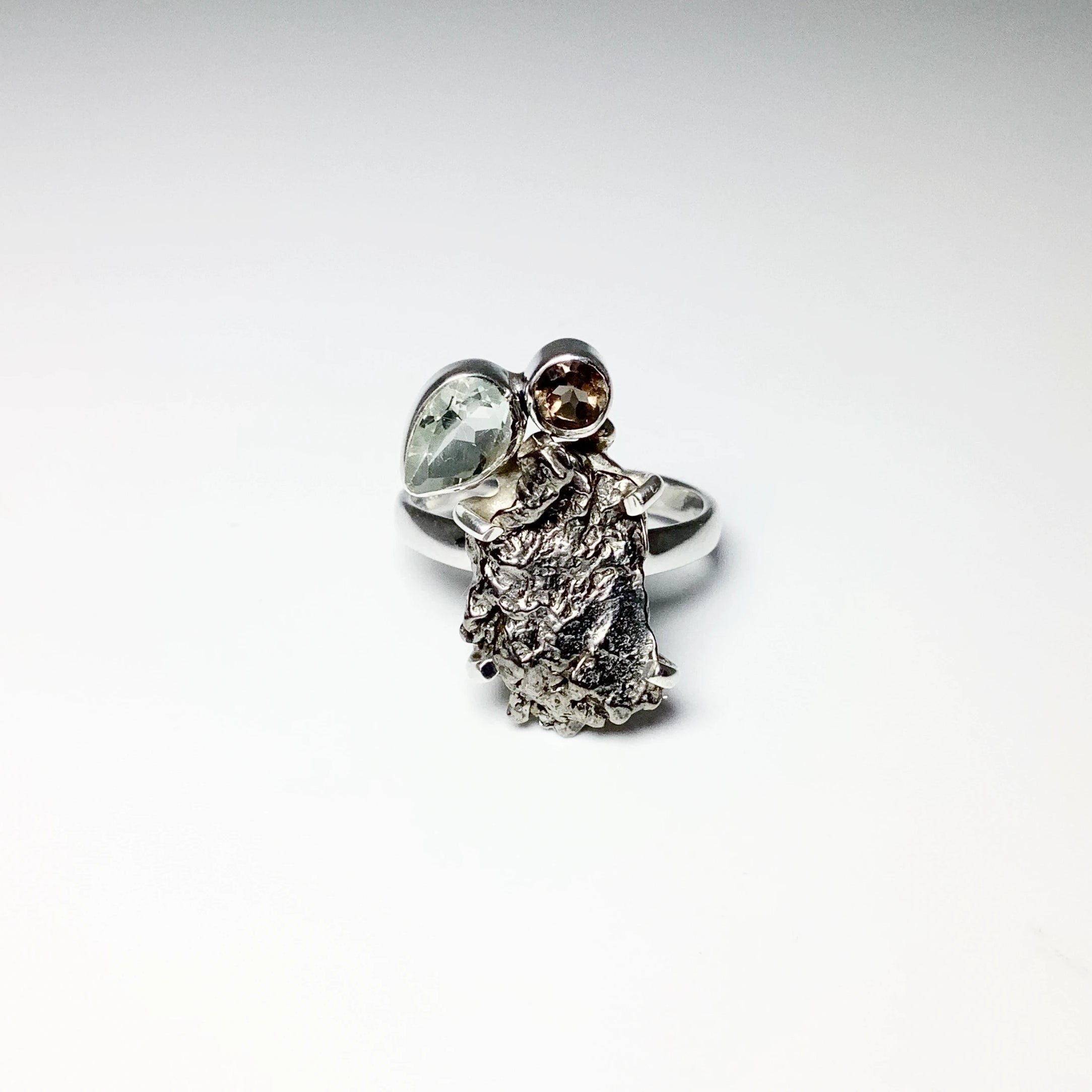 Campo Del Cielo Meteorite, Green Amethyst and Smoky Quartz Ring - Rocks and Gems Canada