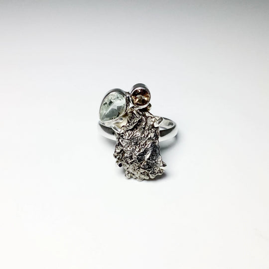 Campo Del Cielo Meteorite, Green Amethyst and Smoky Quartz Ring - Rocks and Gems Canada