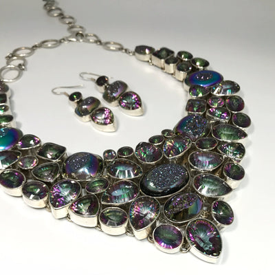 Mystic Topaz and Druzy Necklace and Earrings Set