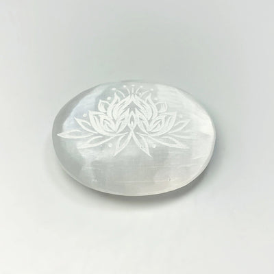 Selenite Palm Stone with Lotus Flower Engraving