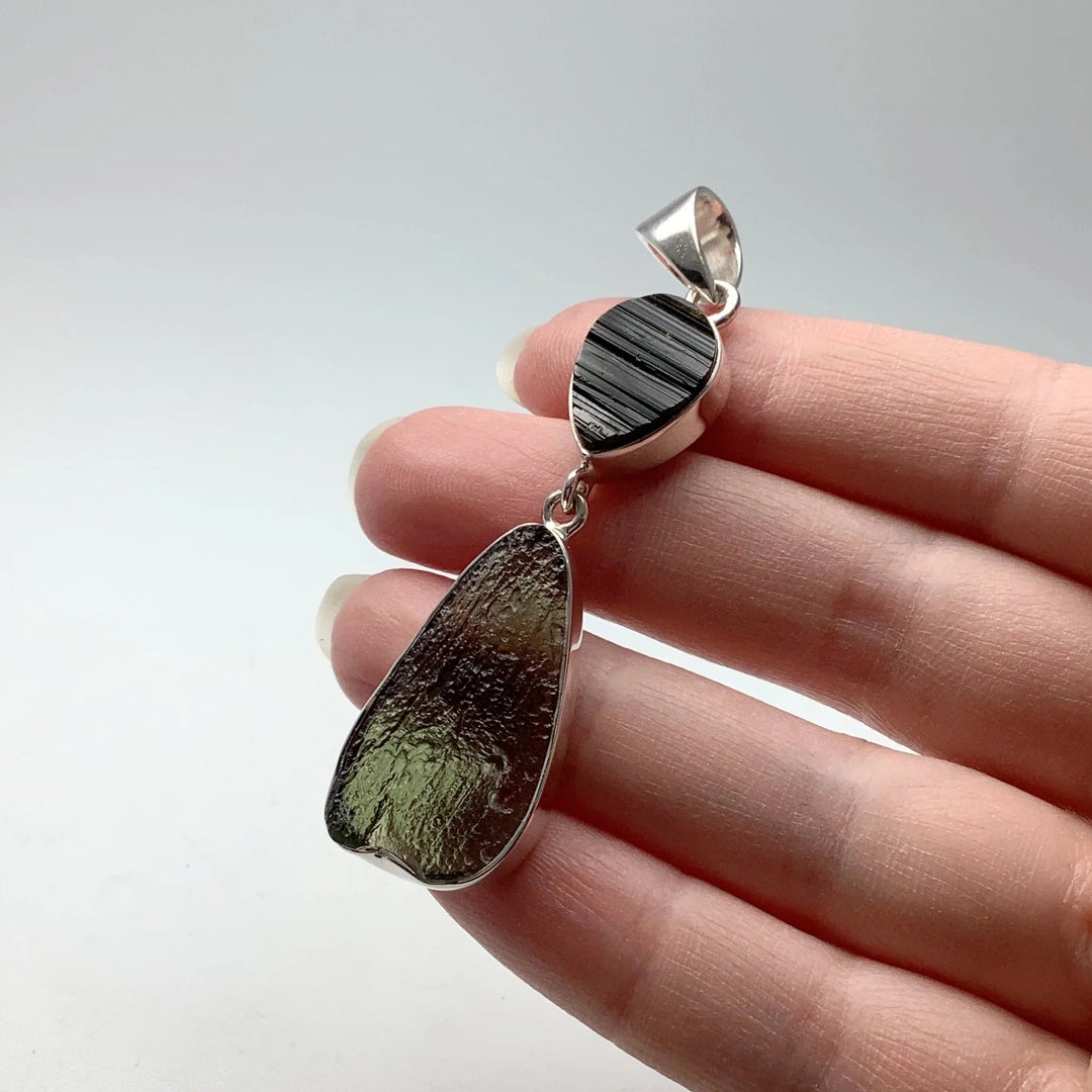 Moldavite with Black Tourmaline Pendant - Rocks and Gems Canada