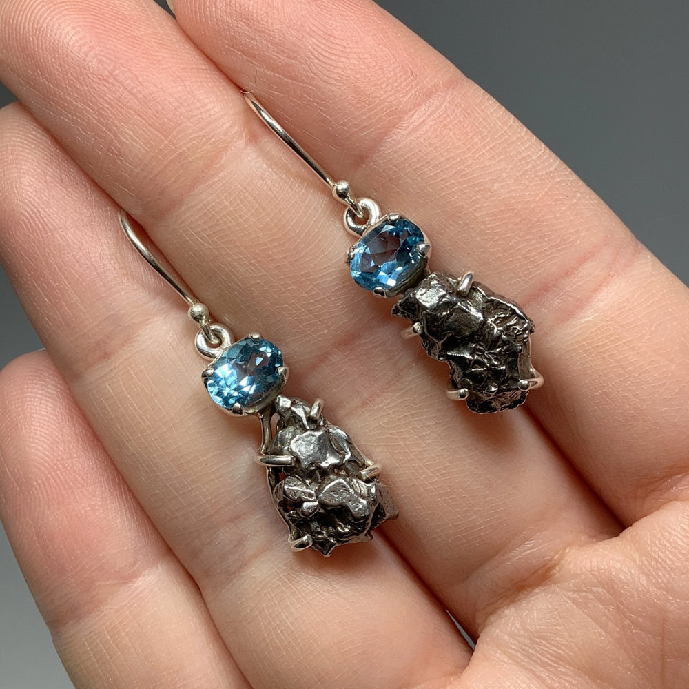 Campo Del Cielo Meteorite and Faceted Blue Topaz Dangle Earrings - Rocks and Gems Canada