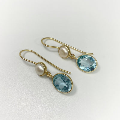 Blue Topaz and Pearl Dangle Earrings