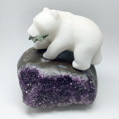 Star Marble Bear Carving with Canadian Jade Fish on Amethyst Base