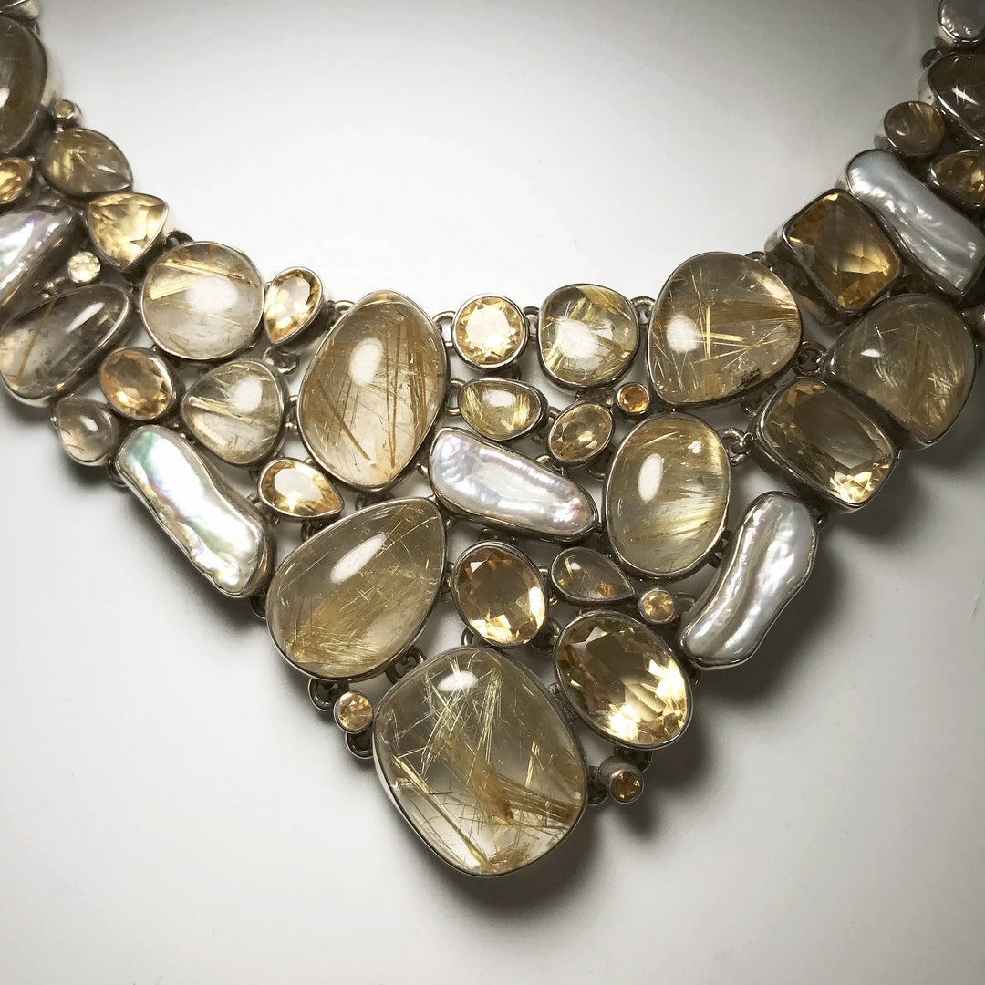 Rutilated Quartz, Citrine and Pearl Necklace and Earrings Set - Rocks and Gems Canada