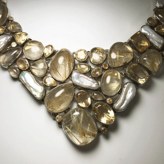 Rutilated Quartz, Citrine and Pearl Necklace and Earrings Set - Rocks and Gems Canada