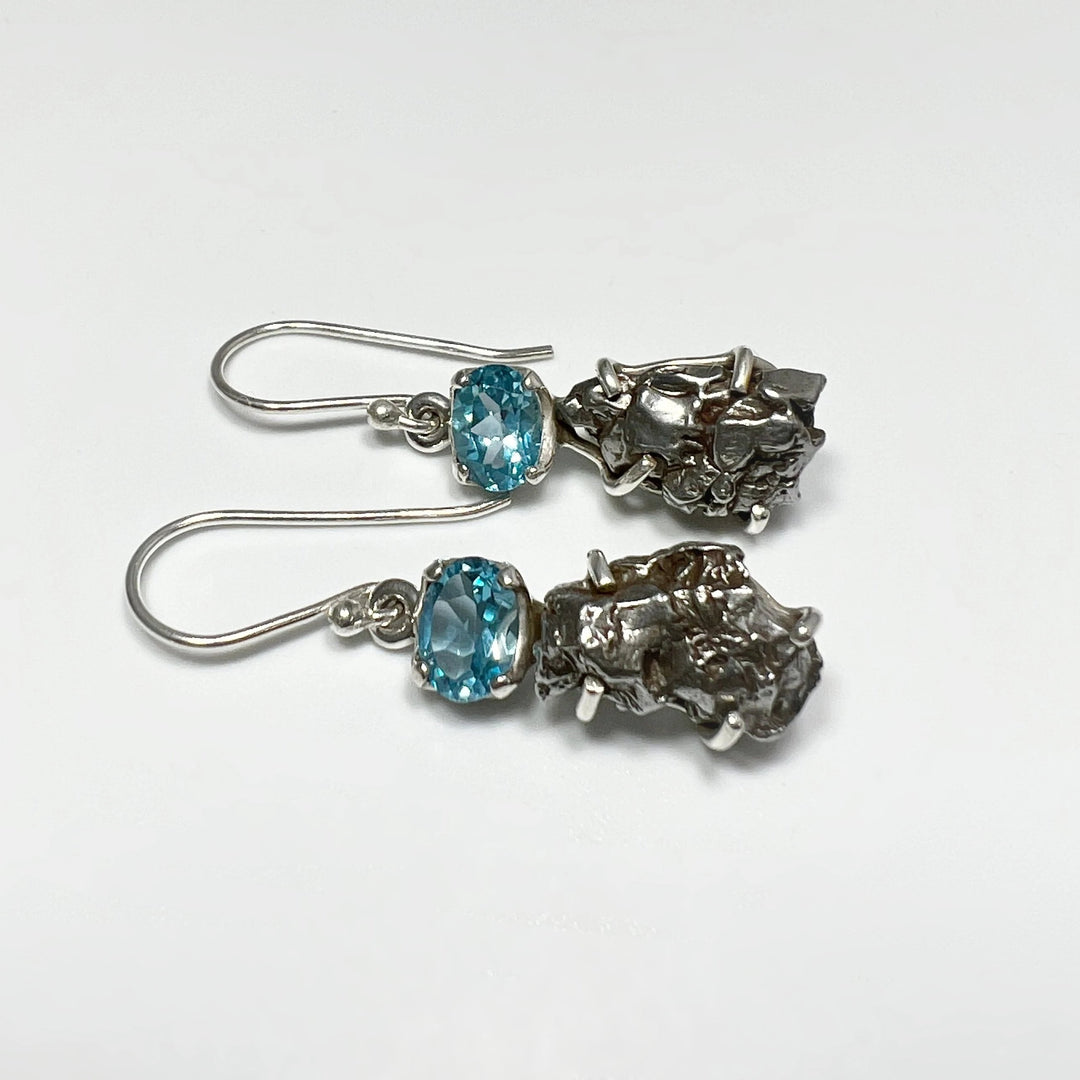 Campo Del Cielo Meteorite and Faceted Blue Topaz Dangle Earrings - Rocks and Gems Canada