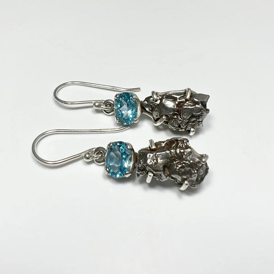 Campo Del Cielo Meteorite and Faceted Blue Topaz Dangle Earrings - Rocks and Gems Canada