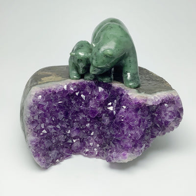 Canadian Jade Mother and Cub Bear Carving on Amethyst Base