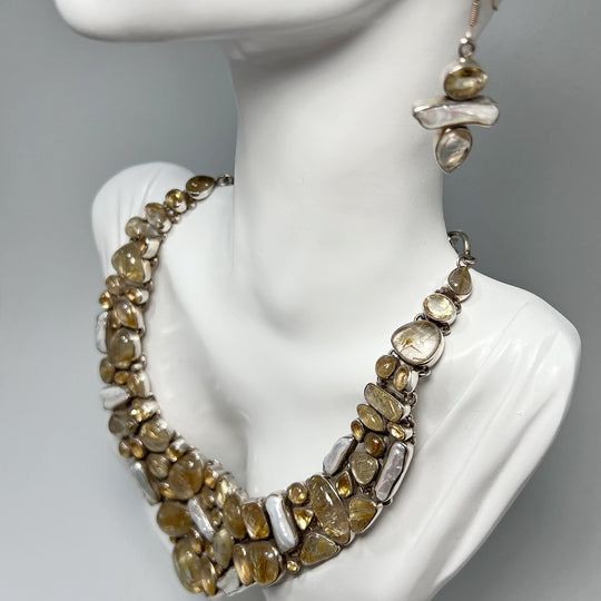 Rutilated Quartz, Citrine and Pearl Necklace and Earrings Set - Rocks and Gems Canada