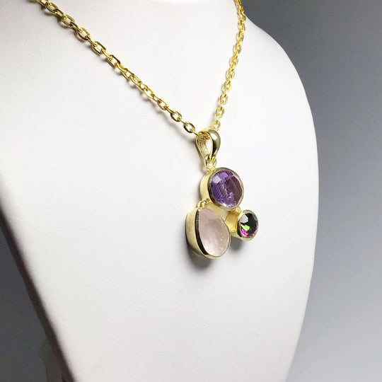 Rose Quartz, Amethyst and Mystic Topaz Pendant - Rocks and Gems Canada