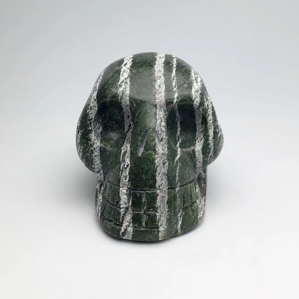 Carved Green Zebra Jasper Skull - Rocks and Gems Canada