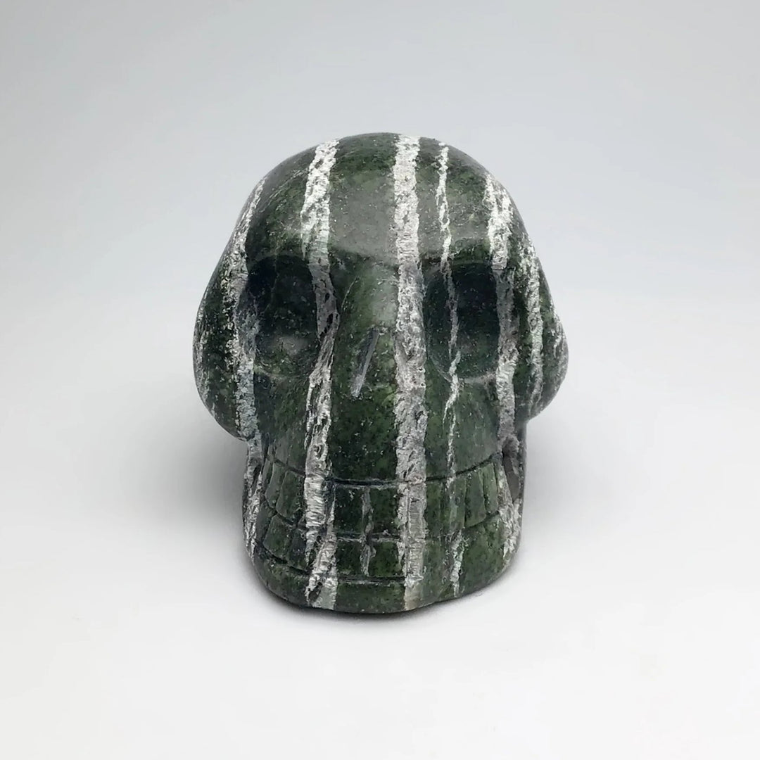 Carved Green Zebra Jasper Skull - Rocks and Gems Canada