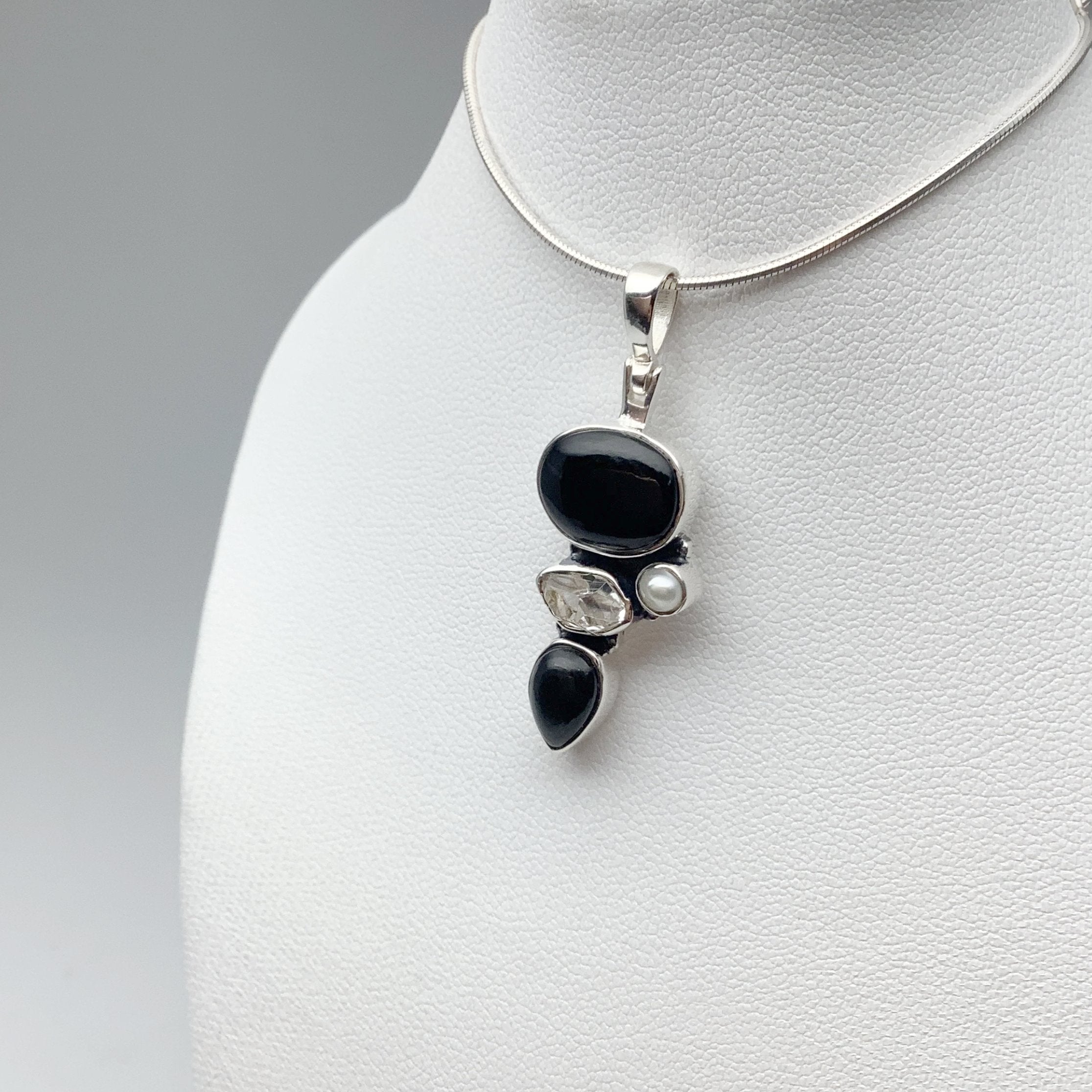 Black Onyx, Herkimer Diamond and Pearl Pendant - Rocks and Gems Canada