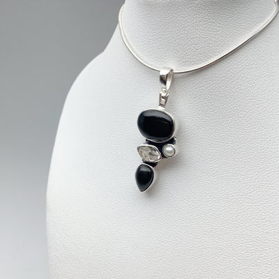 Black Onyx, Herkimer Diamond and Pearl Pendant